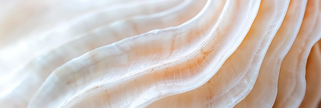 Close-up image of a seashell's delicate, wavy texture in soft beige and white tones