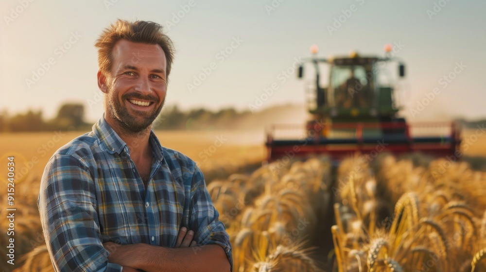 Poster a man is standing in a field with a tractor behind him