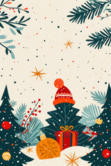 merry christmas card with decorative elements, 2d flat illustration,