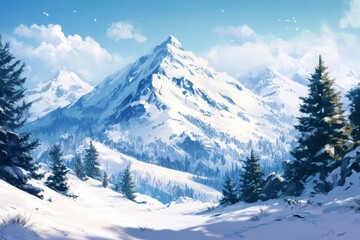 Obraz premium Snowy Peaks in a Winter Wonderland: Anime-Style Mountain Range Towering Above a Seasonal Enchanted Landscape,Abstract concepts, game concept art, storybook illustrations, comic strips, book illustrati