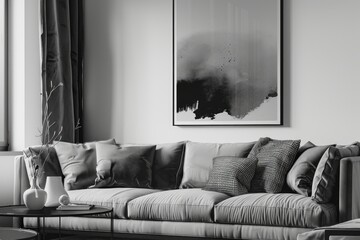 A black and white photograph of a couch in a cozy living room setting, ideal for home decor or interior design projects