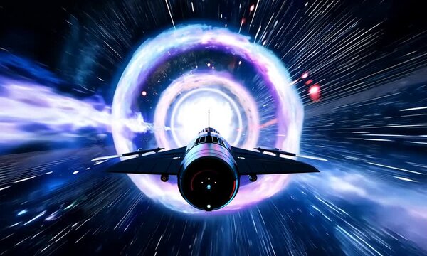 A spaceship flying through a wormhole in space.