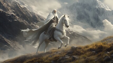 Fototapeta premium A White Rider Among Snowy Peaks