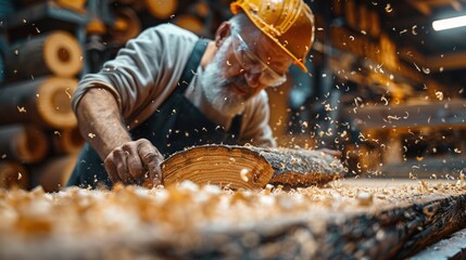 Carpenter blowing off sawdust from wooden plank in a workshop