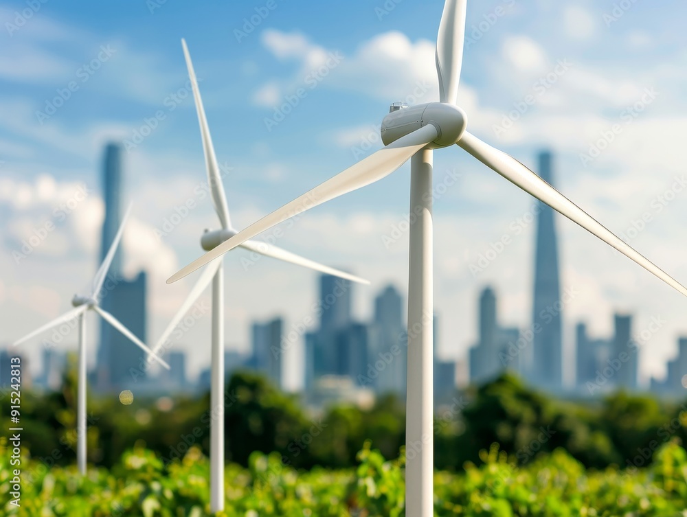 Wall mural sustainable energy wind turbines against modern city skyline with blue sky and green grass