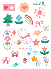 Fototapeta premium set of christmas elements, Cute sticker, christmas greeting card, tree with gifts, flowers in pots, Christmas and cute bunny, element Christmas animal, draw vector cute bunny in garden