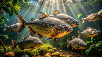 Large tambaqui fish swim in murky waters of the Amazon river, its silver scales catching faint sunlight filtering through the dense rainforest canopy above.
