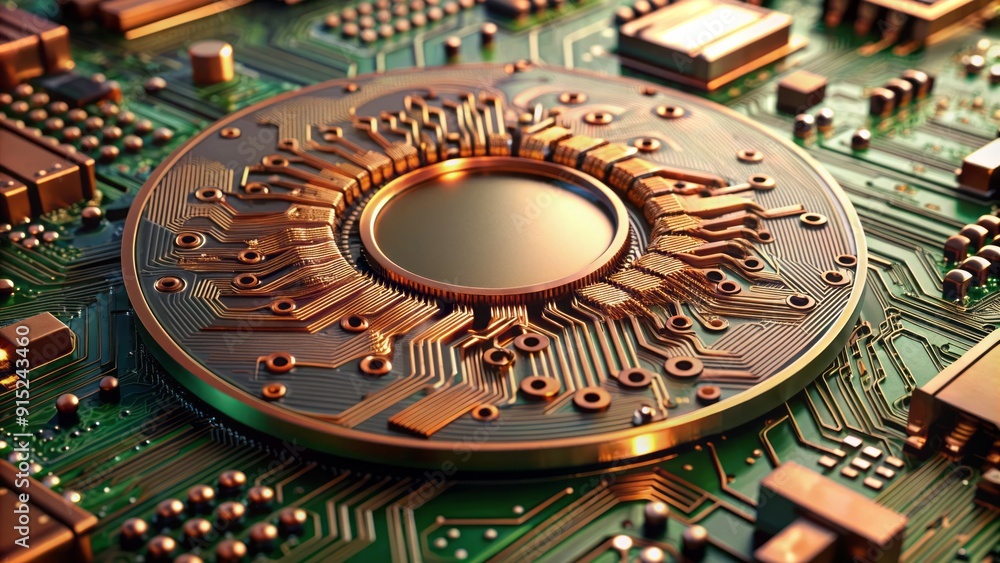 Poster macro shot of a circular circuit board with intricate copper pathways and small components, showcasi