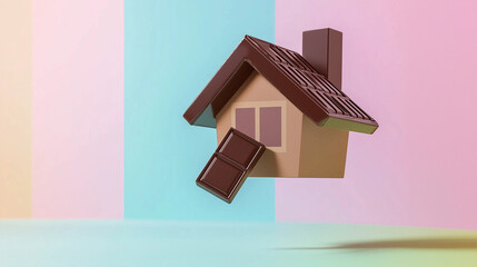 Cute floating chocolate house pastel background candy concept minimal food photography creative sweet whimsical playful dessert art copy space confectionery decor fantasy architecture desi