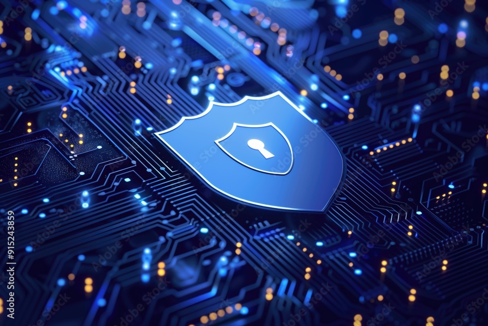 Poster digital shield symbol on an illuminated circuit board background with a blue hued glow. concepts of 
