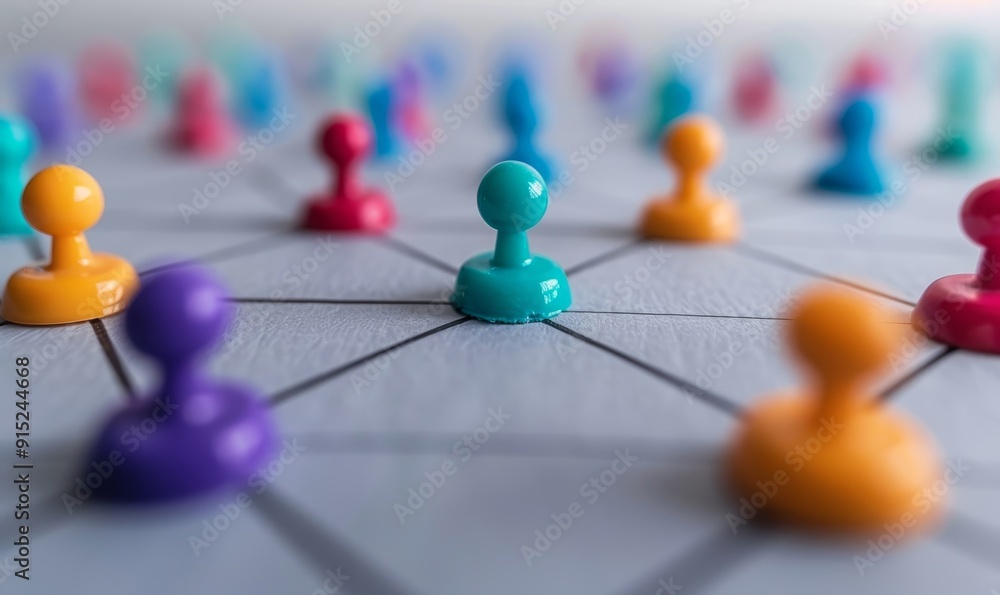 Poster colorful push pins on a grid network representing connections and collaboration in business and team