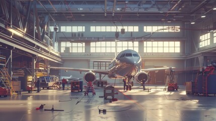 Inside a spacious, modern hangar, maintenance workers attend to a large aircraft, creating a bustling scene illustrative of technical proficiency and teamwork.