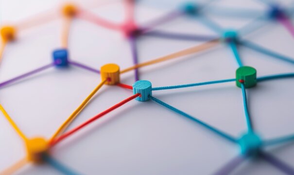 abstract network connection concept with colorful string and wooden beads on white background.