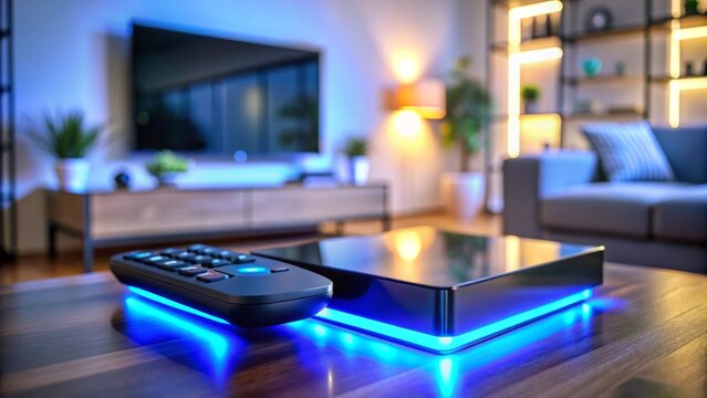 Modern sleek black streaming device with glowing blue lights and compact remote control on a minimalist living room coffee table with a blurred TV background.