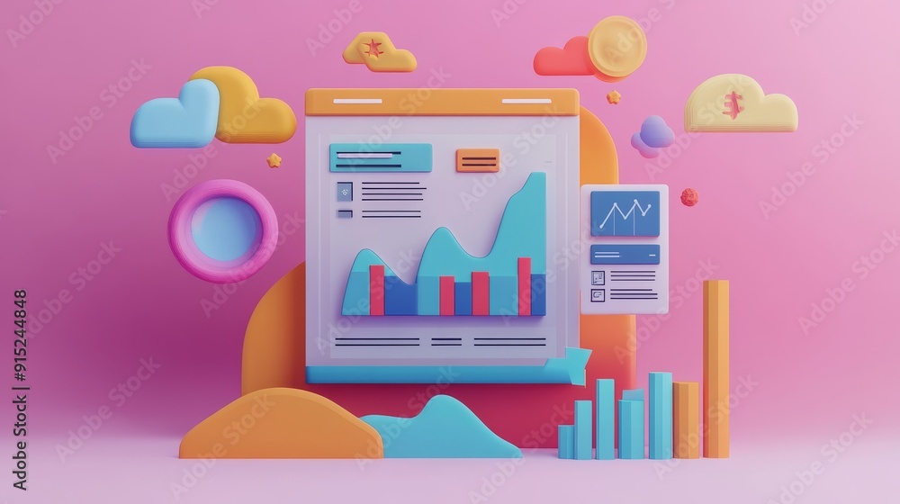 Poster a 3d illustration of a data analytics dashboard with a growing graph and other business-related icon