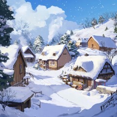 Snow-Covered Anime-Style Hamlet: Cozy Cottages and Abstract Concept Art for Gaming, Storybook Illustrations, and Immersive Storytelling, storybook illustrations, book illustrations and picture books