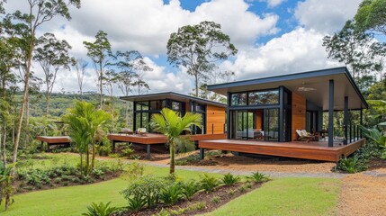 Modern Cabins with wooden decks and lush greenery.
