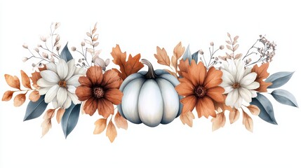 A watercolor illustration of a white pumpkin with fall leaves and flowers.