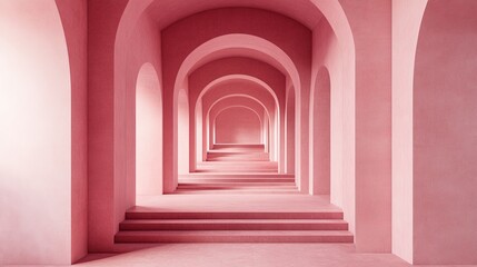 Fototapeta premium A minimalist hallway with a pink archway design. The light from the end creates a dramatic effect.