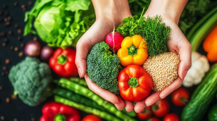 Fototapeta premium Hands holding a balanced portion of colorful vegetables and grains, symbolizing harmony in diet
