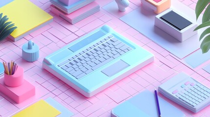 Obraz premium A pastel-colored desk with a typewriter, notebooks, and office supplies.