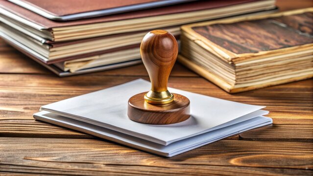 Official rubber stamp with notary public emblem and signature on a wooden desk, surrounded by legal documents and pens, conveying authenticity and verification.