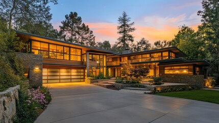 Obraz premium Modern house with a large driveway and a beautiful sunset in the background.