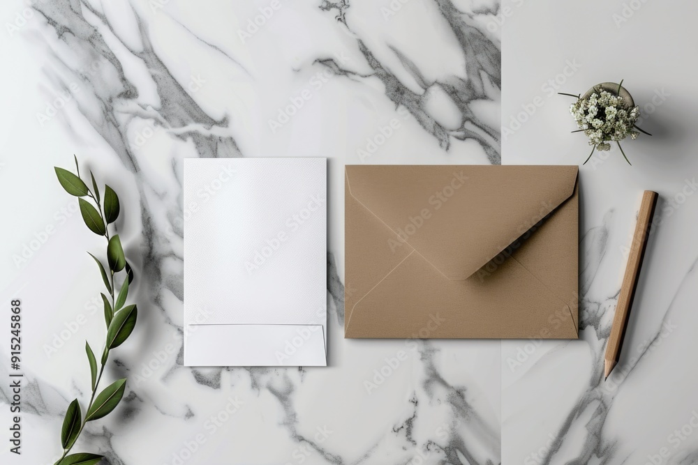 Poster a simple notepad with a pen and envelope placed on a smooth marble surface, ideal for writing letter