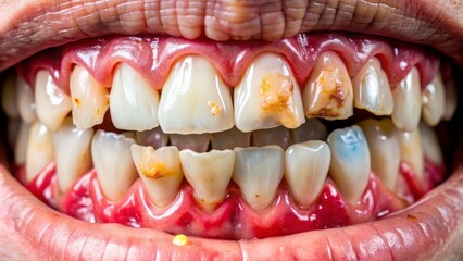 Painful close-up of a bloody mouth with a chipped front tooth, gums swollen and red, surrounded by scattered tooth fragments and broken enamel.