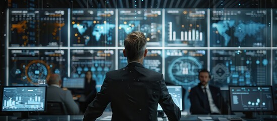 Businessman Analyzing Data on Multiple Screens in a Modern Control Room with Global Maps and Graphs