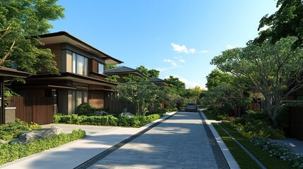 Fototapeta premium A modern, landscaped suburban street with lush greenery and a paved driveway.