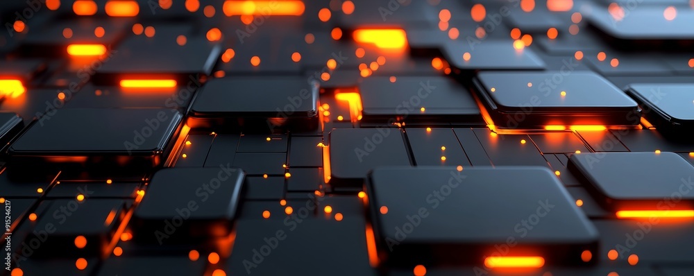Poster abstract digital background with glowing lines and black squares.