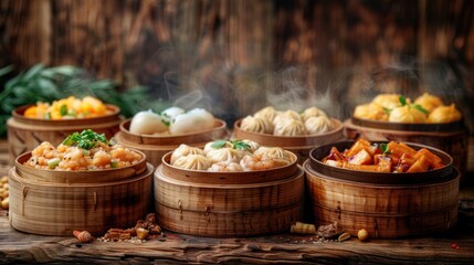 Various Dim Sum Chinese food on the wooden table, and space for text