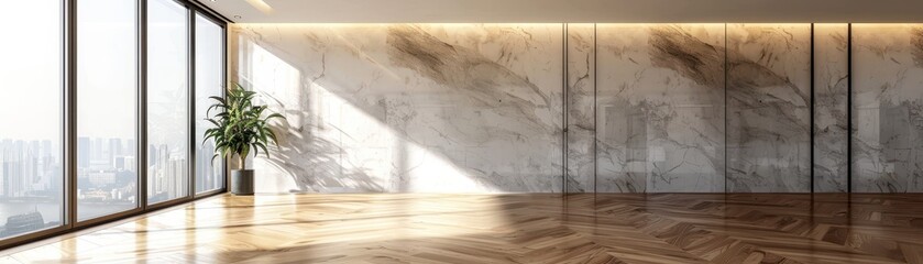 Modern Minimalist Interior with Marble Walls and Panoramic City View in Sunlit Room