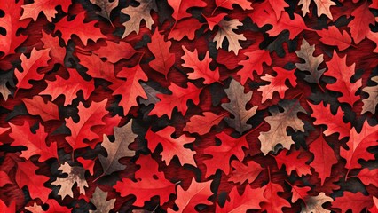 Rugged red and black camouflage pattern with leafy texture, ideal for outdoor enthusiasts, hunting gear, or military-inspired graphic designs and backgrounds.