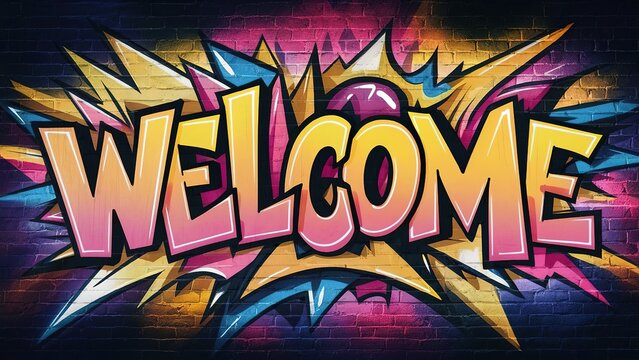 Fototapeta Colourful word Welcome as graffiti symbol on the wall, street art. Melted paint.