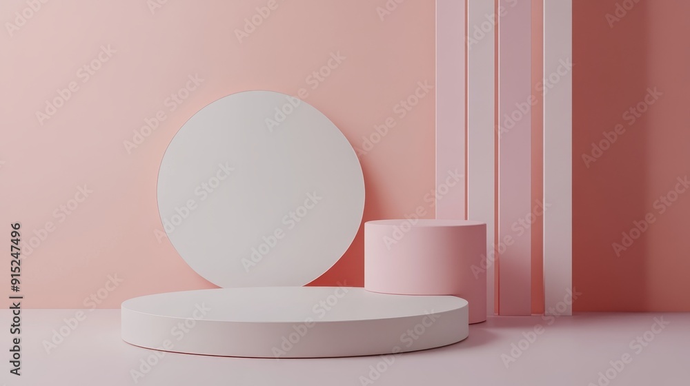 Poster minimalist pink and white podium with geometric shapes for product display. abstract background with