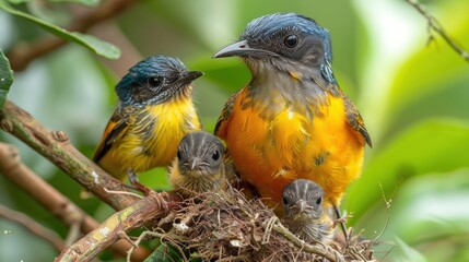 A Family of Colorful Birds in a Nest