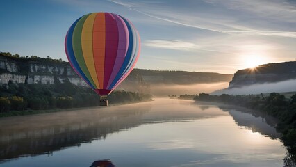 Colourful hot air balloon flying over green valley with road and mountain background at sunrise, bucket list lifestyle concept.