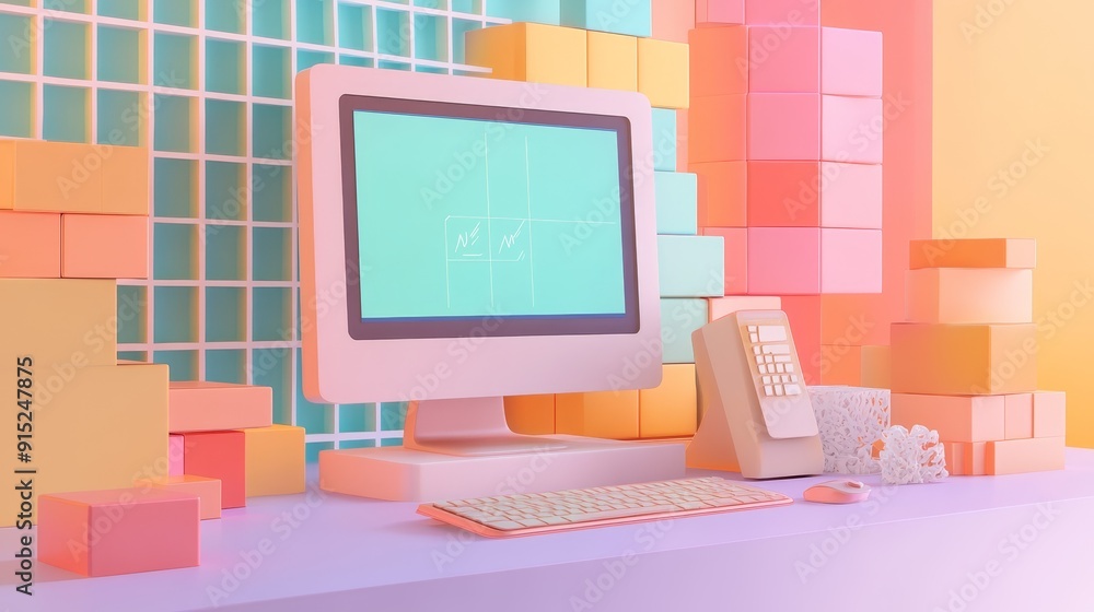 Poster retro computer with blank screen on a pastel colored desk. surrounded by colorful geometric shapes. 