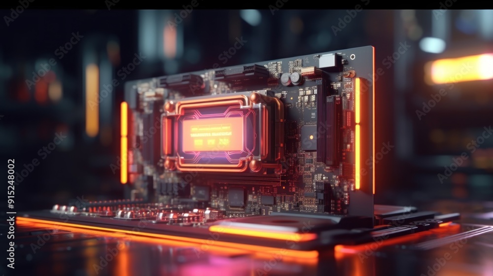 Poster computer motherboard with red lights