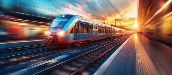 High-Speed Modern Train at Sunset in Motion at a Busy Railway Station with Vibrant Colors and Dynamic Lighting