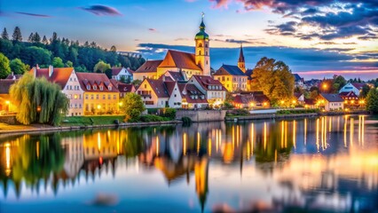 Scenic twilight view of Vilshofen an der Donau, a charming Bavarian town in Germany, with historic buildings, churches, and picturesque Danube River waterfront.
