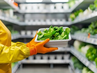 worker in yellow suit holding container of fresh green leafy vegetables in indoor vertical farm or greenhouse.