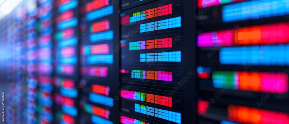 Poster abstract data center server racks with colorful lights, digital technology, network, data storage, m