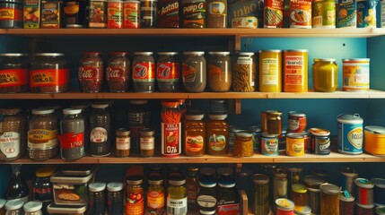 A pantry shelf stocked with an array of preserved foods in jars and cans, highlighting preparedness and a well-organized storage space.