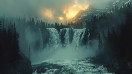 Mystical Waterfall in a Forest at Sunset