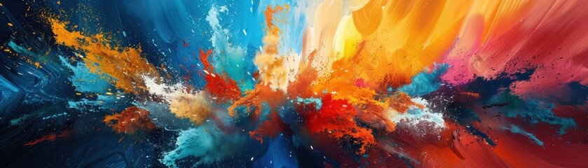 Fototapeta premium Vibrant Abstract Explosion of Colorful Paint Splashes on Canvas - Dynamic and Energetic Artistic Background