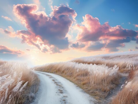 A road runs through a field of tall grass