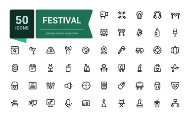 Festival icon set. Collection of line icons related to festival, holidays, event. Minimalist thin linear web ui icon set. Simple editable vector stroke illustration.